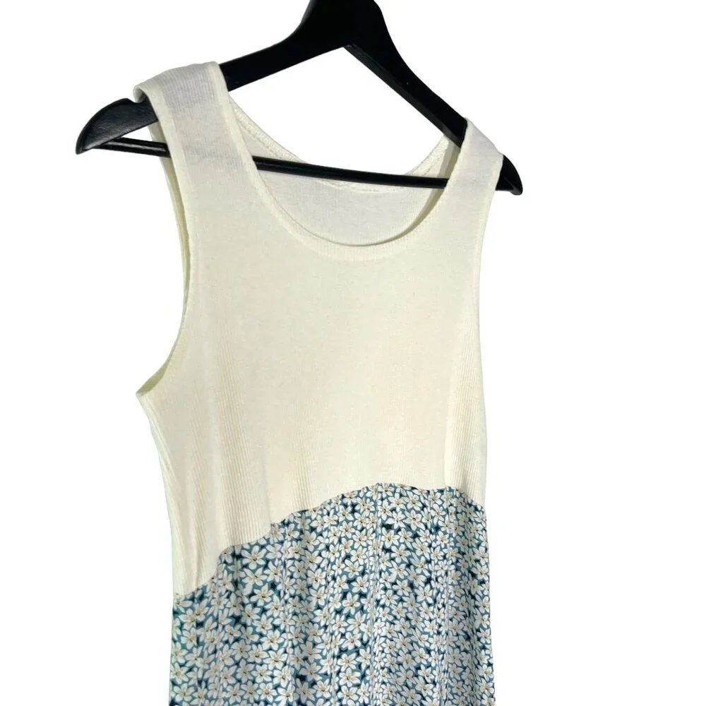 Vintage 90s Off White Blue Floral Short Sleeveless Sundress Medium - Picture 2 of 11